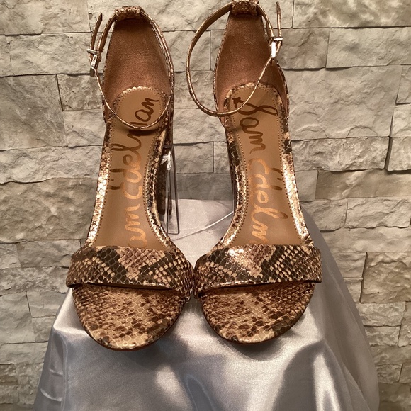 Sam Edelman Yaro Gold and Brown Faux Snakeskin Block Heels - Picture 1 of 5